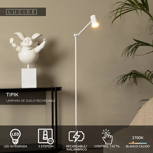 Lucide TIPIK - Lámpara de suelo Recargable - Batería/acumulador - LED 3 StepDim - 1x3W 2700K - Blanco - USP